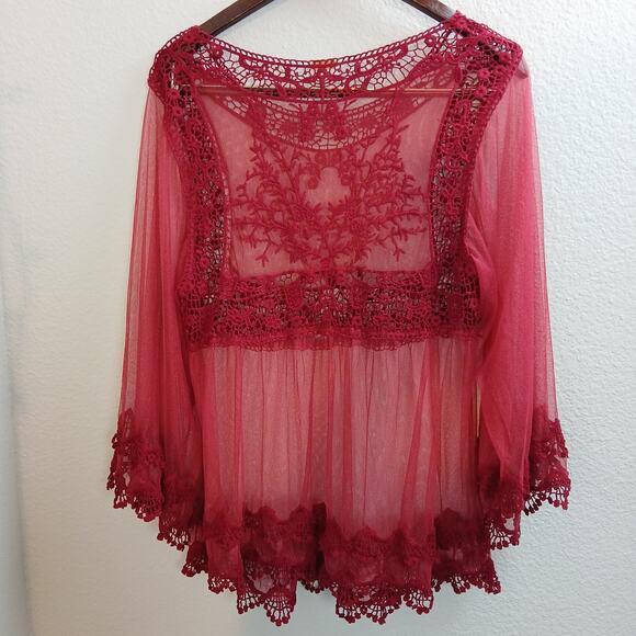 Sorrento Red Sheer Lace Top L blouse tunic swim cover boho lightweight summer - Picture 2 of 15